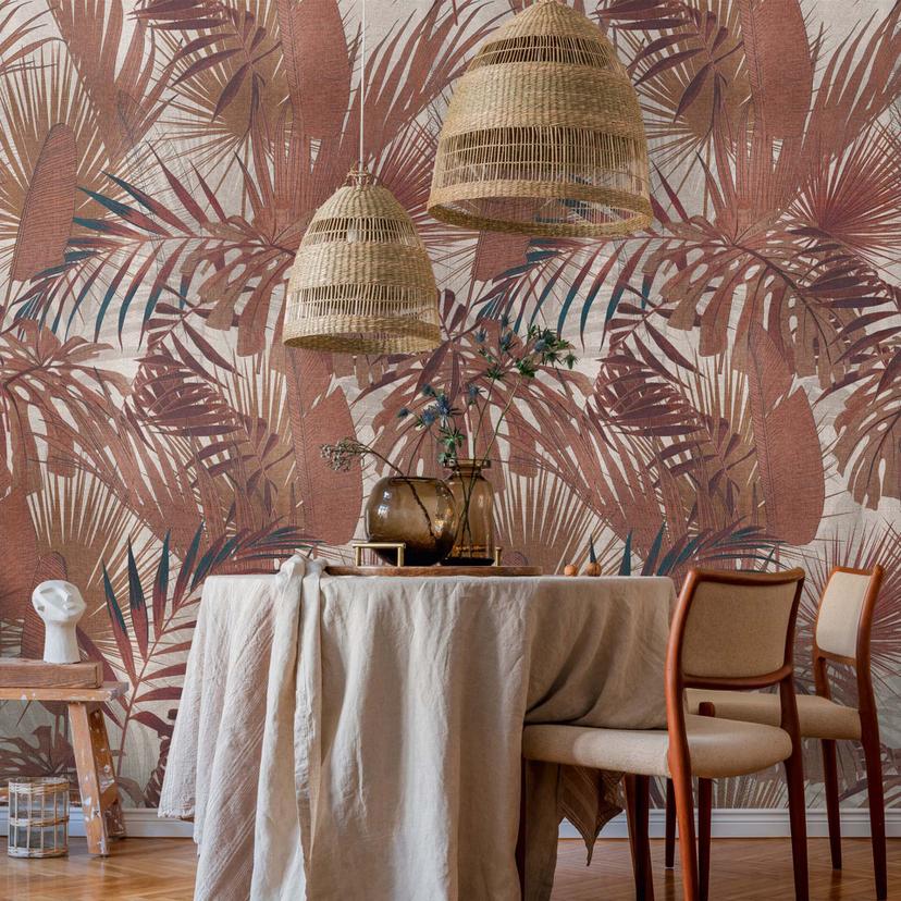 Fotomural naturaleza de hojas de palmera rojas de la selva para la sala de estar