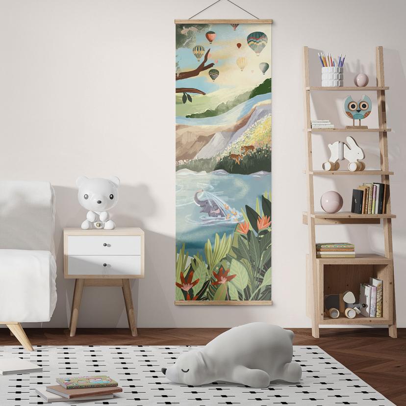Textielposter Schommelen in de natuuroase - Goed Blauw - Panorama
