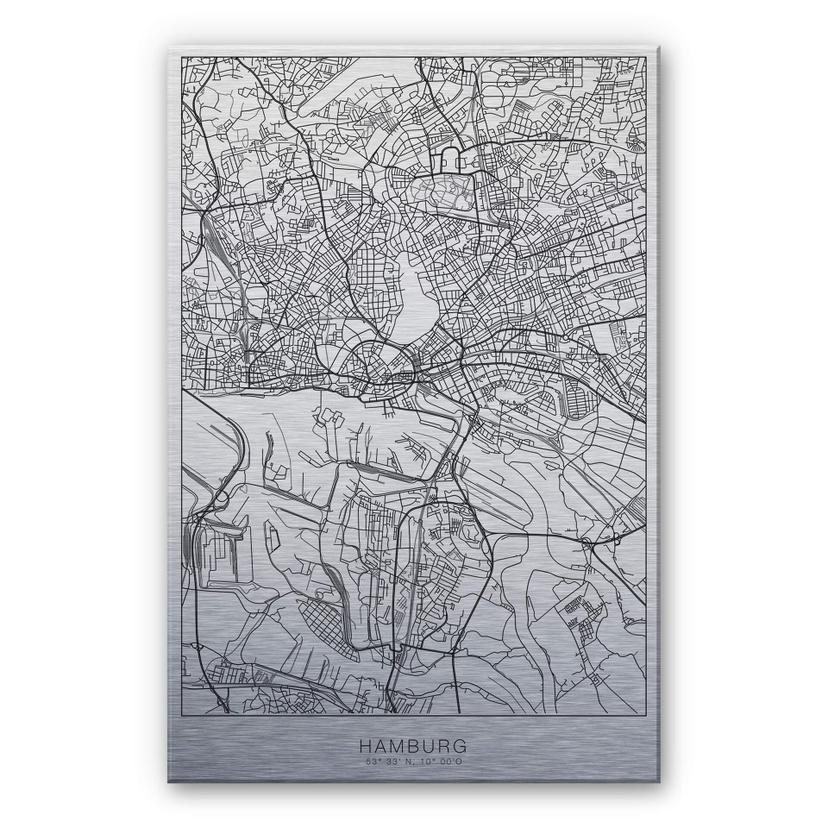 Alu-Dibond mit Silbereffekt Stadtplan Hamburg