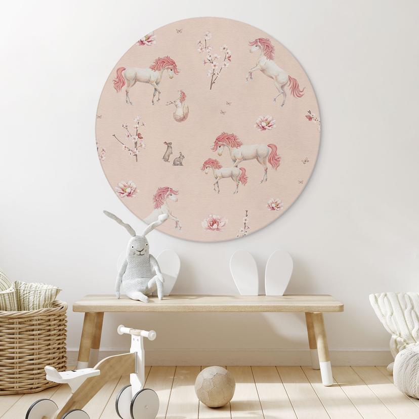 Adesivo murale con unicorni incantati e fiori di ciliegio - Kikki Belle - Rotondo