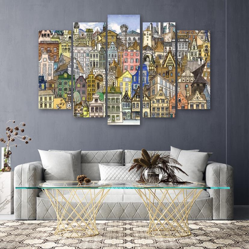 Stampa su tela 5 pezzi, Città felice