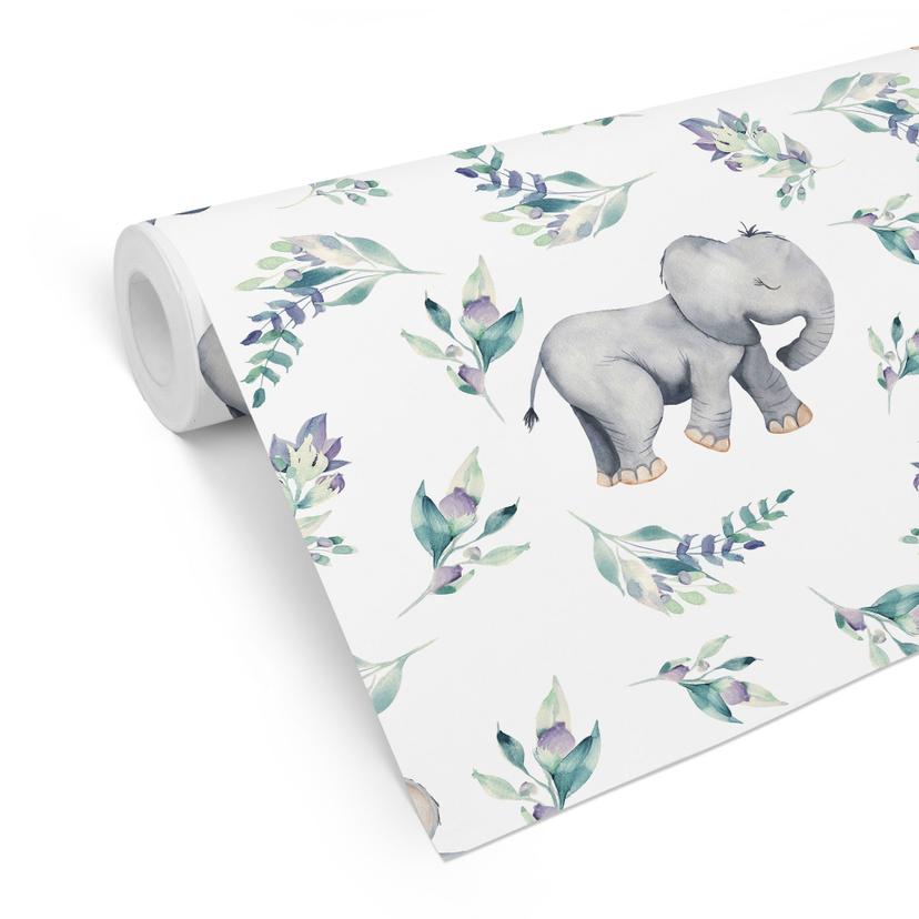 Tapet med mønster til børneværelset - sød babyelefant mellem boho-grene - UN Designs