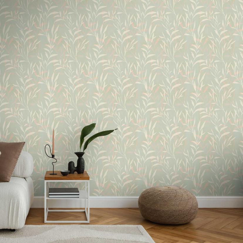 Blad tapet ljusgrön beige - filigran grenar modern - Icke-vävd tapet matt