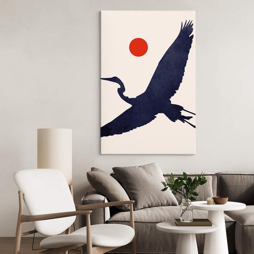 Canvas Kubistika - Kraanvogel met Rode Zon