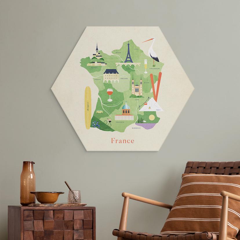 Hexagon Wandbild Karte von Frankreich - Rivers - Alu-Dibond