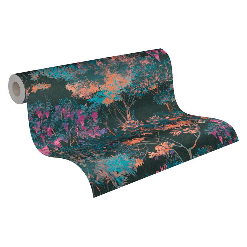 Papel pintado tejido-no tejido floral con árboles, negro, colorido - papel pintado con aspecto de ac