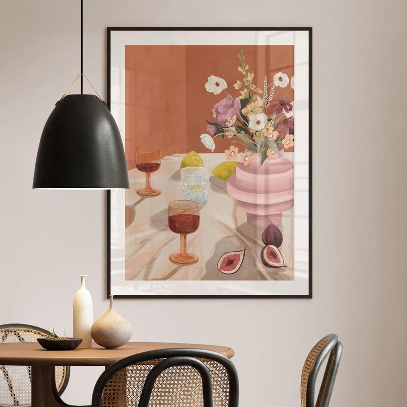 Poster Natura morta estiva con fiori e vino - Goed Blauw