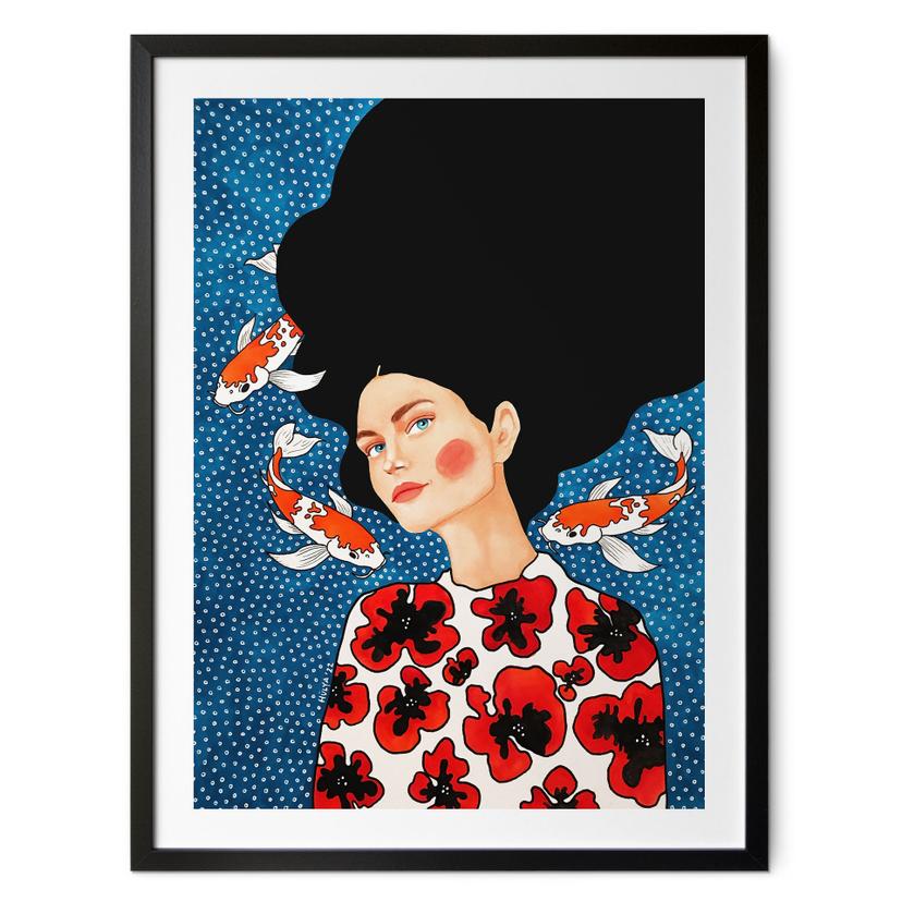 Plakat kvinde i blomsterkjole med koi - Hülya