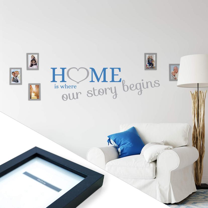 Sticker mural - Home is... (bicolore) incl. 5 cadres photos