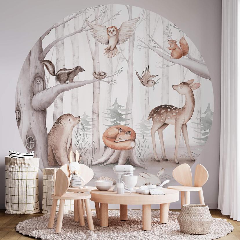 Tapet cirkel Kvilis - Sweet Forest Animals - vliesetapet/selvklæbende non-woven tapet