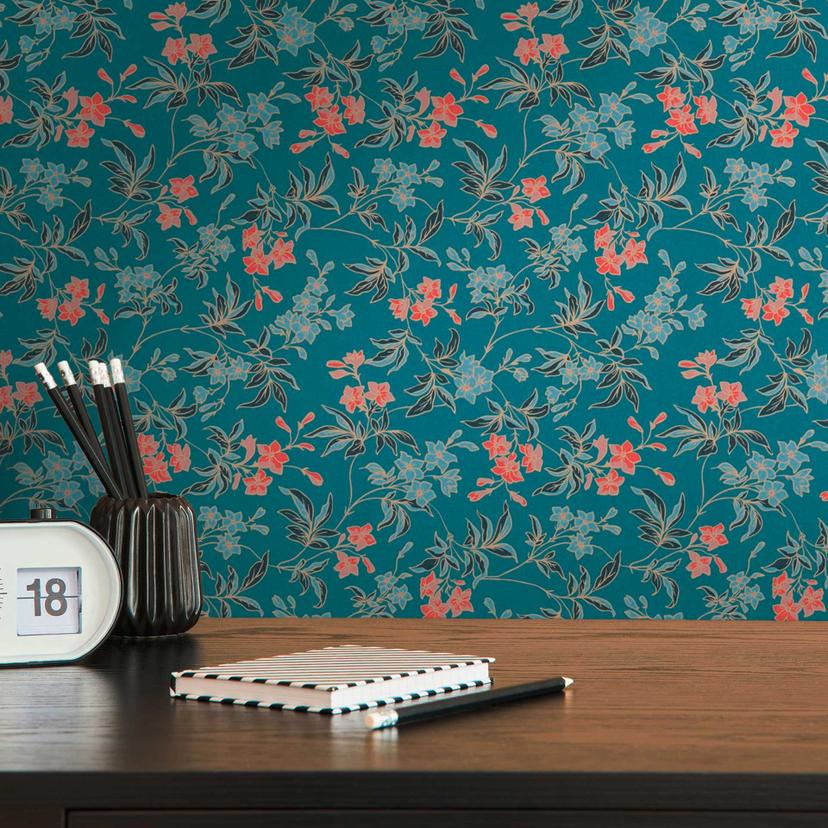 blomstertapet med blomster rød blå - moderne tapet med blomstermønster - non-woven tapet blomstret