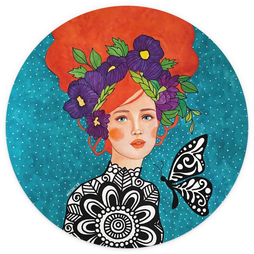 Fotomurale donna con corona di fiori - Hülya - Rotondo - autoadesivo/non tessuto