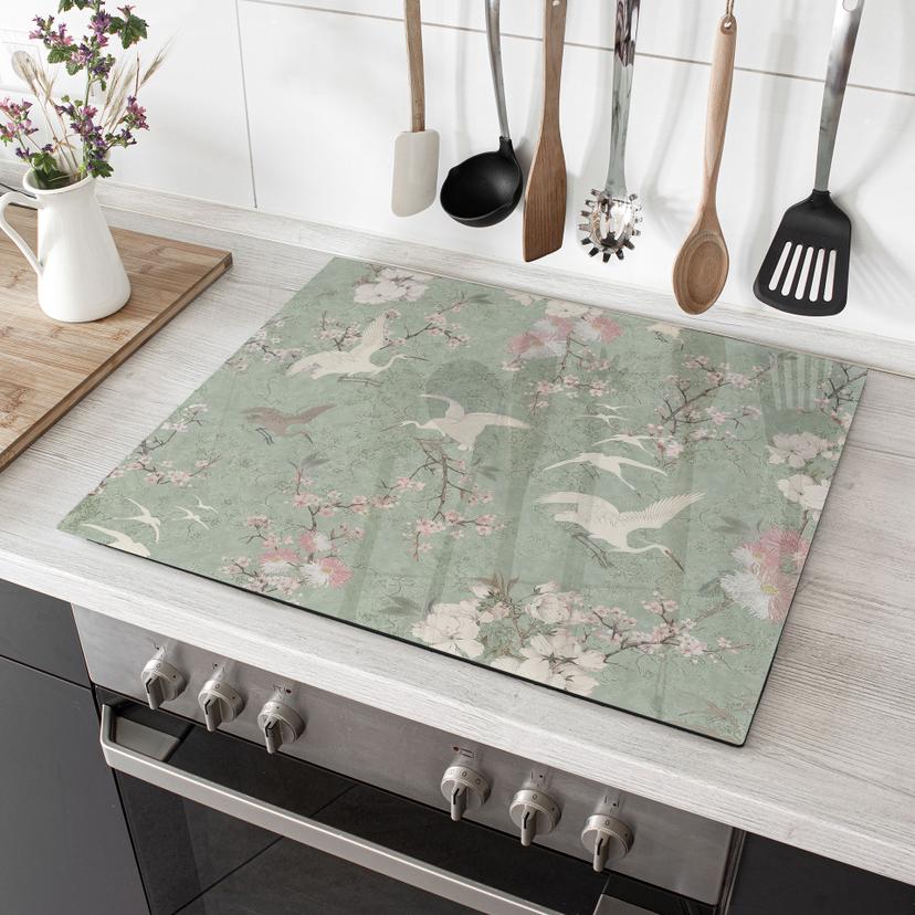 Afdekplaat Kraanvogels in kersenbloesem frenzy groen - Bloomery Decor