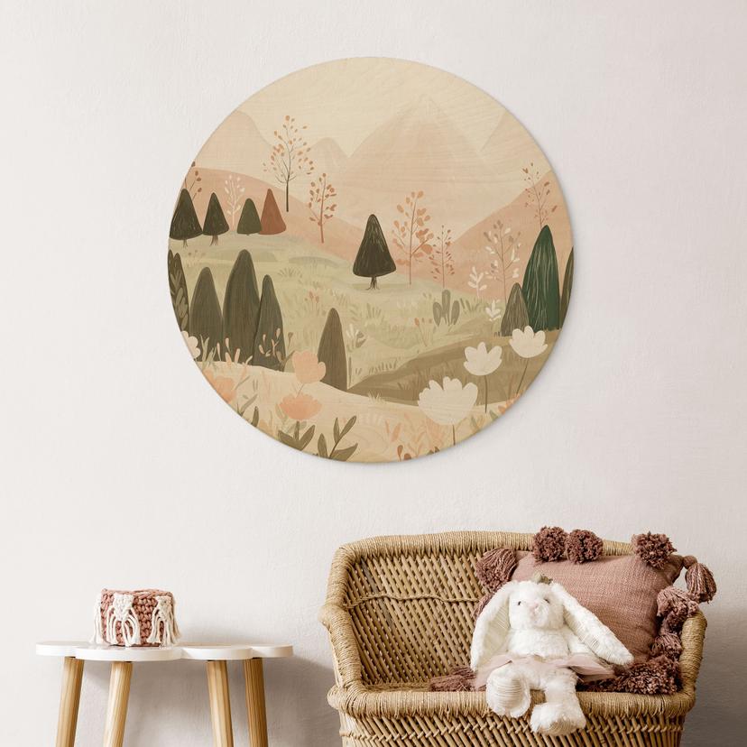 Holzbild Pastell Berglandschaft mit Blumen - Treechild - Rund