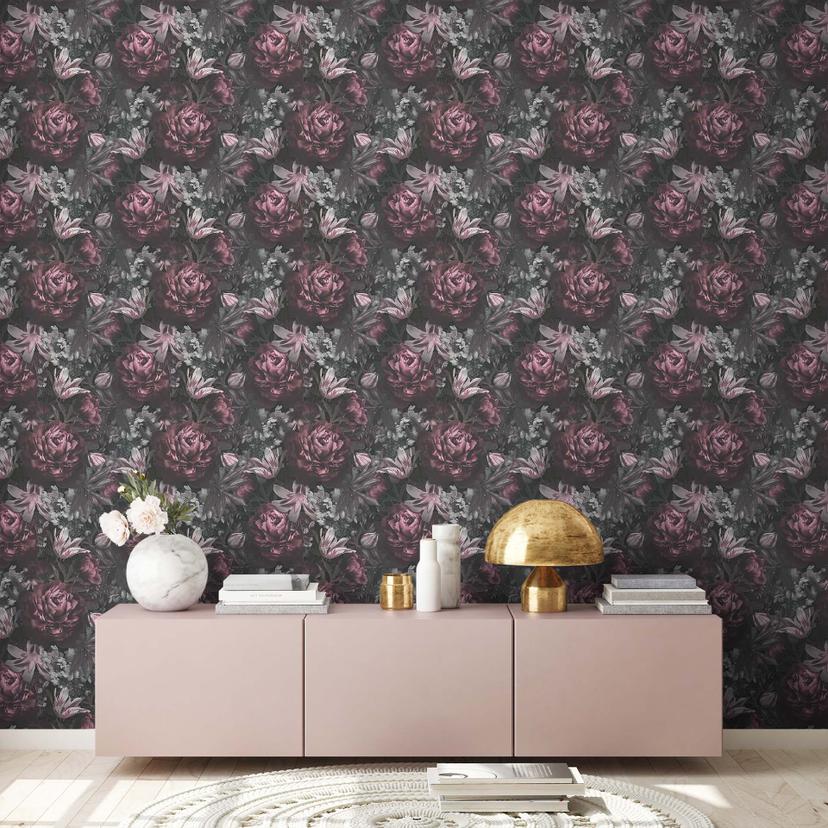 A.S. Creation tapet med blomstermotiver i grå og pink non-woven tapet i mat blomsterlook