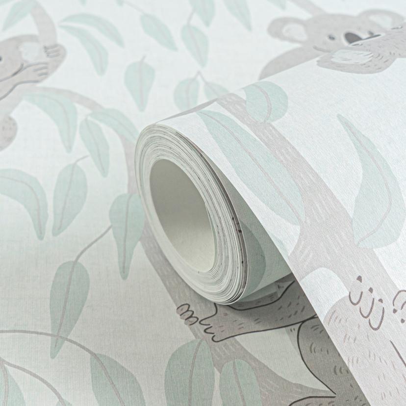 Papel pintado Koala azul claro gris - papel pintado infantil con koalas y ramas