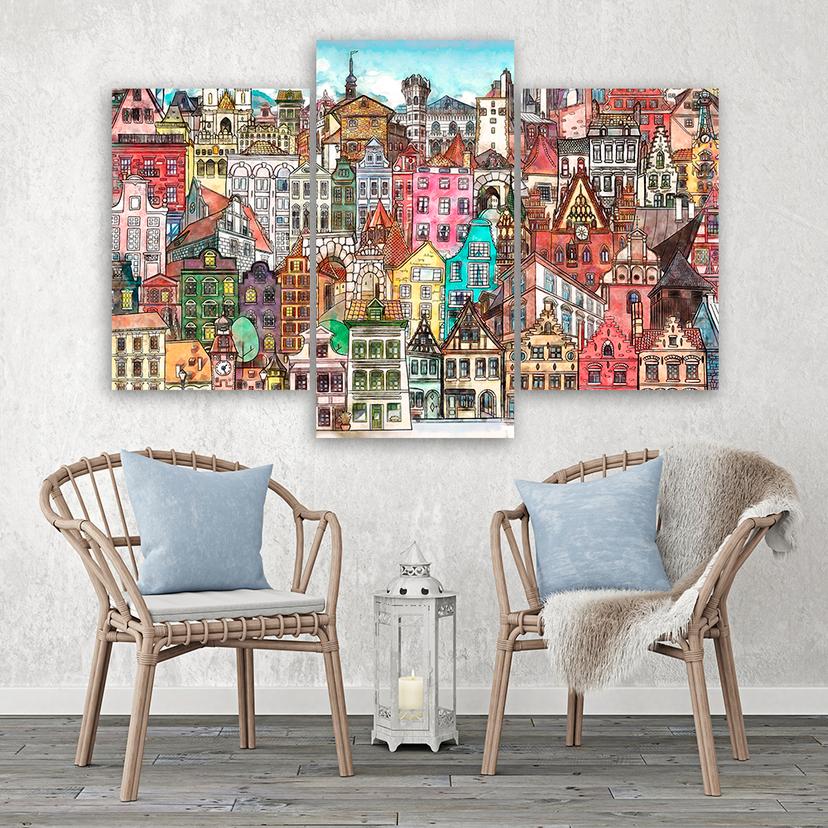 Stampa su tela 3 pezzi, Città felice