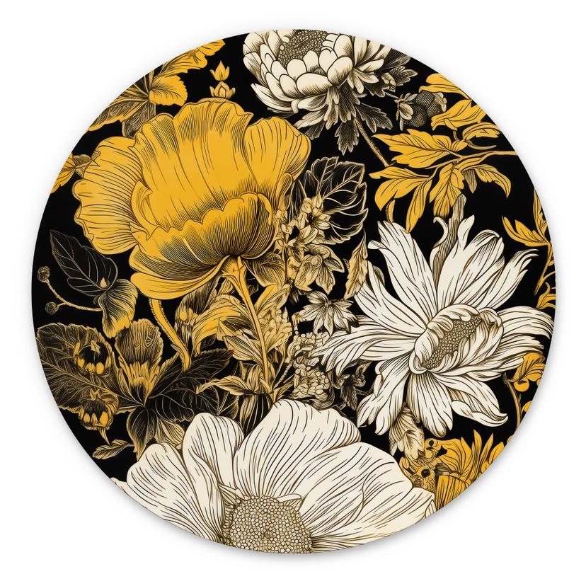Vægcirkel Blomsterpragt i okker - Jaszke – print på aluminium (Alu-Dibond)