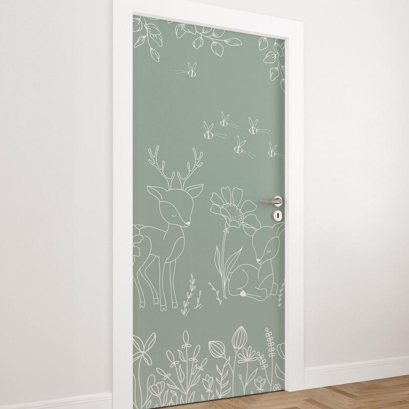 Lámina Adhesiva para Puerta Dos Corzos en el Prado Florido - Oliver Robins