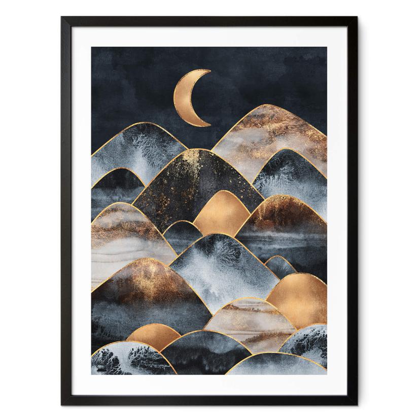Póster Fredriksson - Montañas bajo la luz dorada de la luna