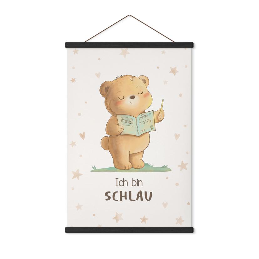 Stoffbild mit Bär und Buch - Selbstliebe-Spruch 'Ich bin schlau'