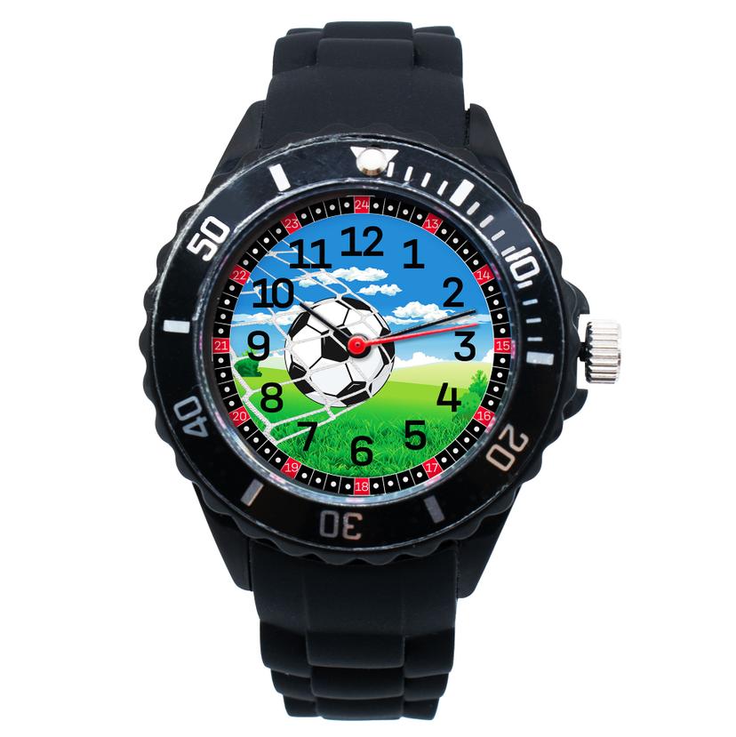 Sportliche Kinder Armbanduhr - Lernuhr analog aus Silikon - Fußball schwarz
