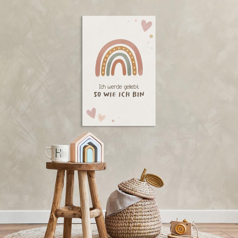 Alu-Dibond Wandbild mit Boho-Regenbogen - Kraftsatz 'Ich werde geliebt' für Kinder