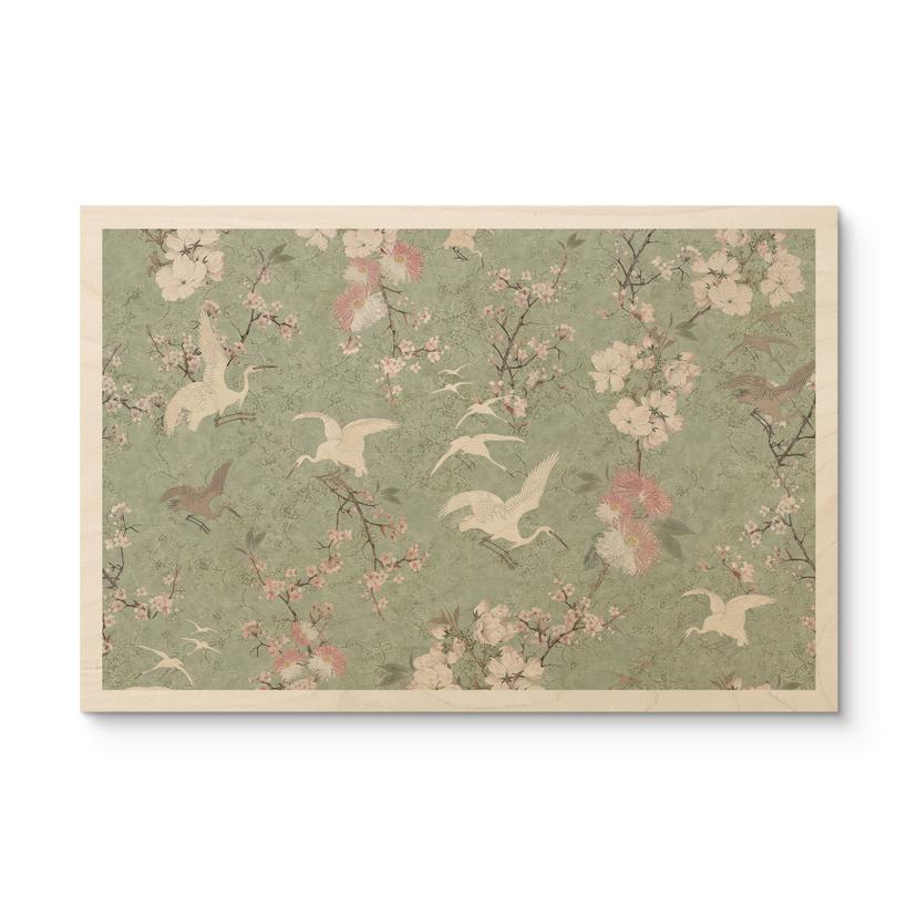 Cuadro de madera Grullas en flor de cerezo verde - Bloomery Decor