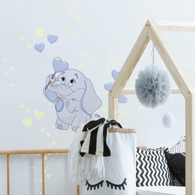 Adesivo murale - Cucciolo di elefante con cuori (blu) + adesivi murali luminosi