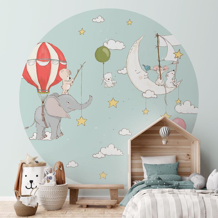 Fotomural infantil Animales voladores con globo aerostático - Skellern - Redondo - Papel pintado aut