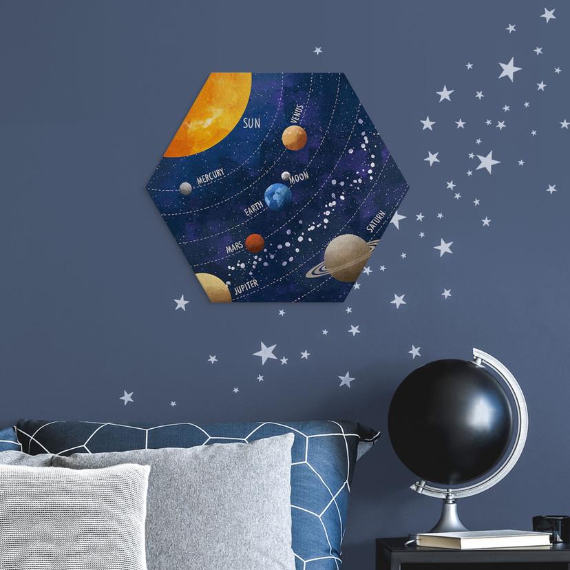 Stampe per pareti esagonali sul sistema solare con pianeti e sole - Cats & Dotz - alluminio dibond