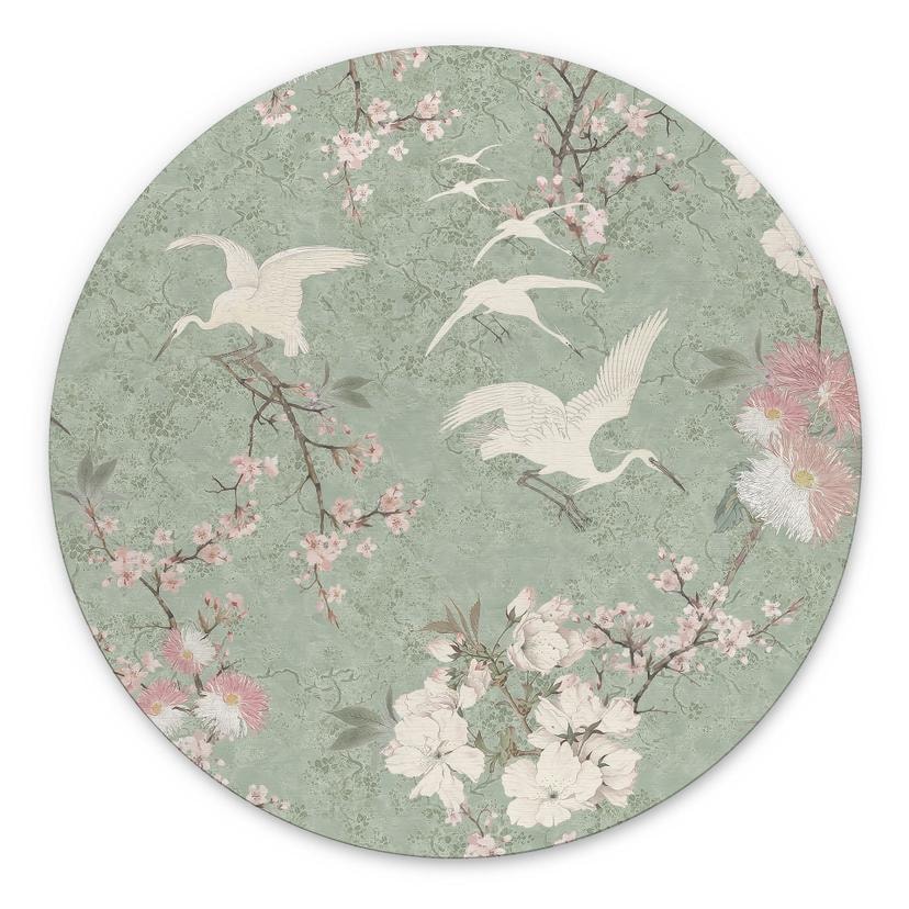 Tableaux Grues en Fleur de Cerisier Vert - Bloomery Decor - Alu-Dibond Rond
