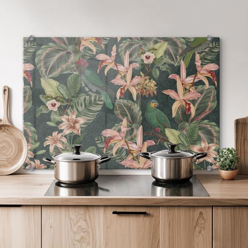 Crédence Jungle avec perroquets Vert nuit - Bloomery Decor