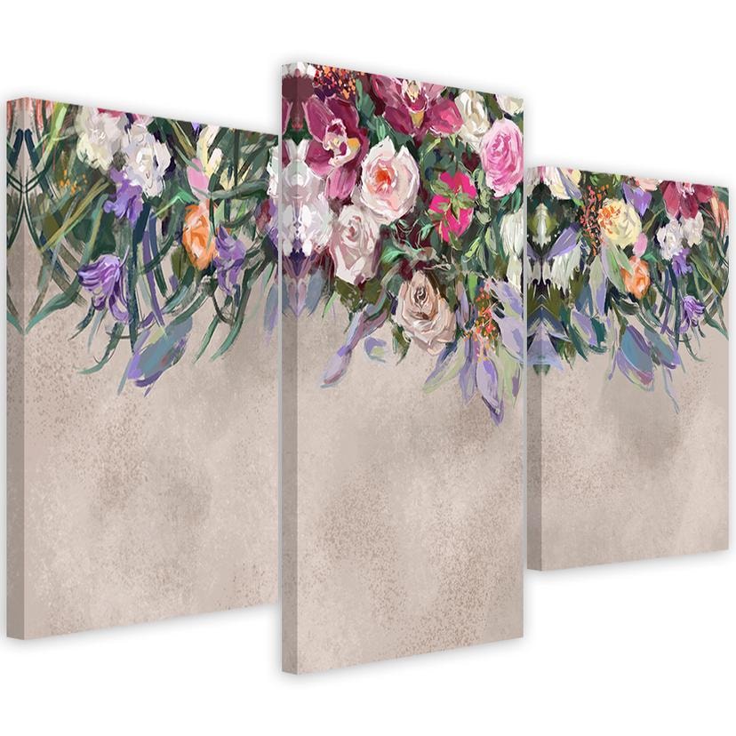 Tableau sur toile 3 pièces, fleurs envahies