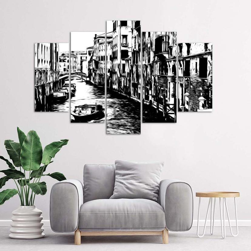 Stampa su tela 5 pezzi Venezia Italia in bianco e nero