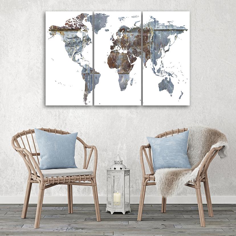 Stampa su tela 3 pezzi, mappa del mondo astratta