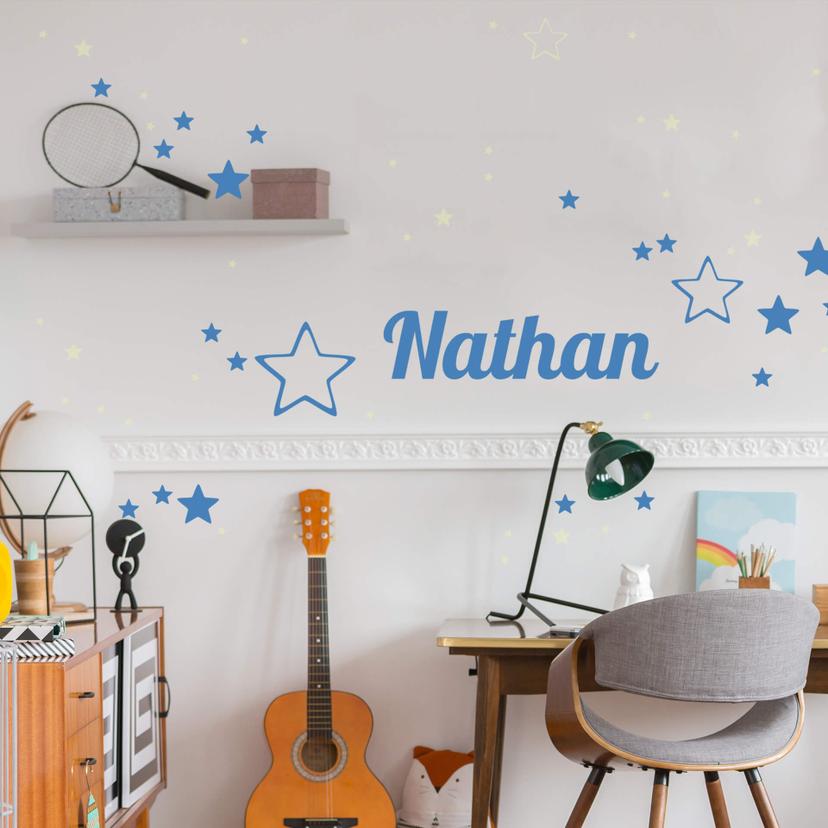 Sticker mural + Prénom étoiles + étoiles fluorescentes