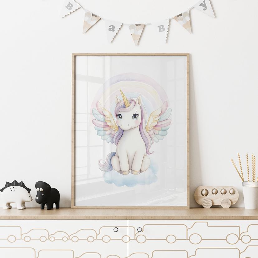 Póster de unicornio en colores pastel con arco iris | Mágica criatura mítica para niños