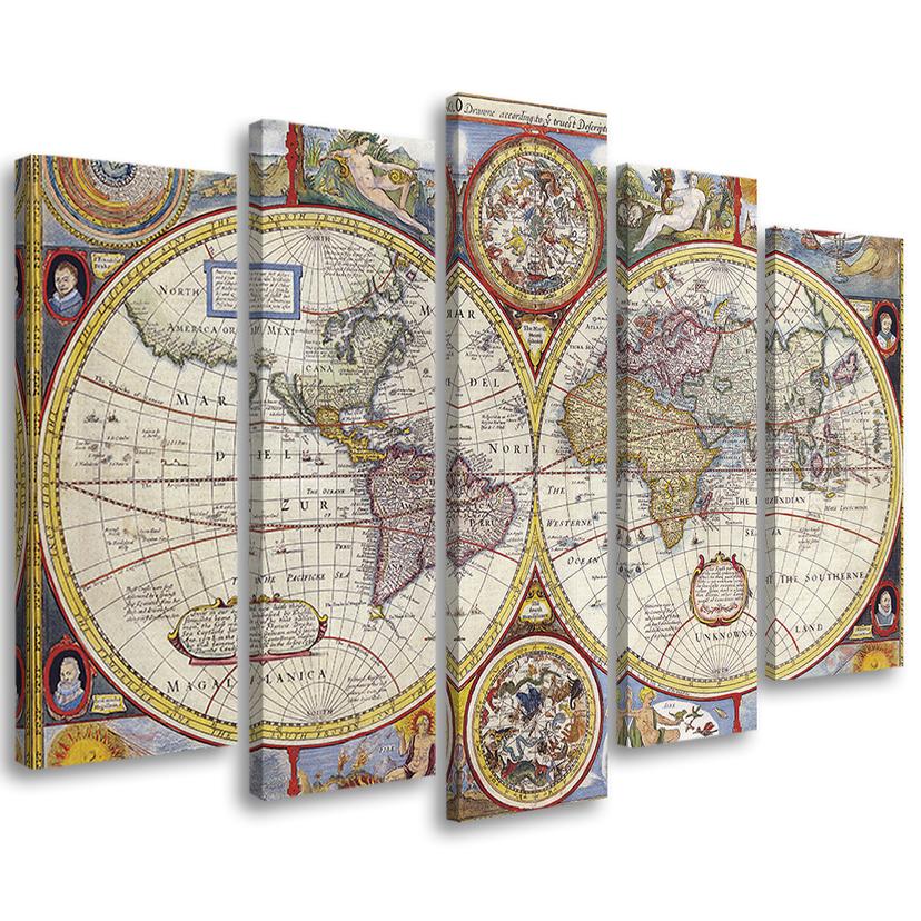 Tableau sur Toile en 5 parties Carte vintage du vieux monde