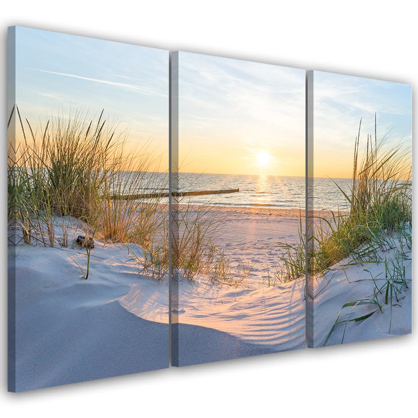 3 stykke lærredsprint, Beach Sea Dunes Sunset