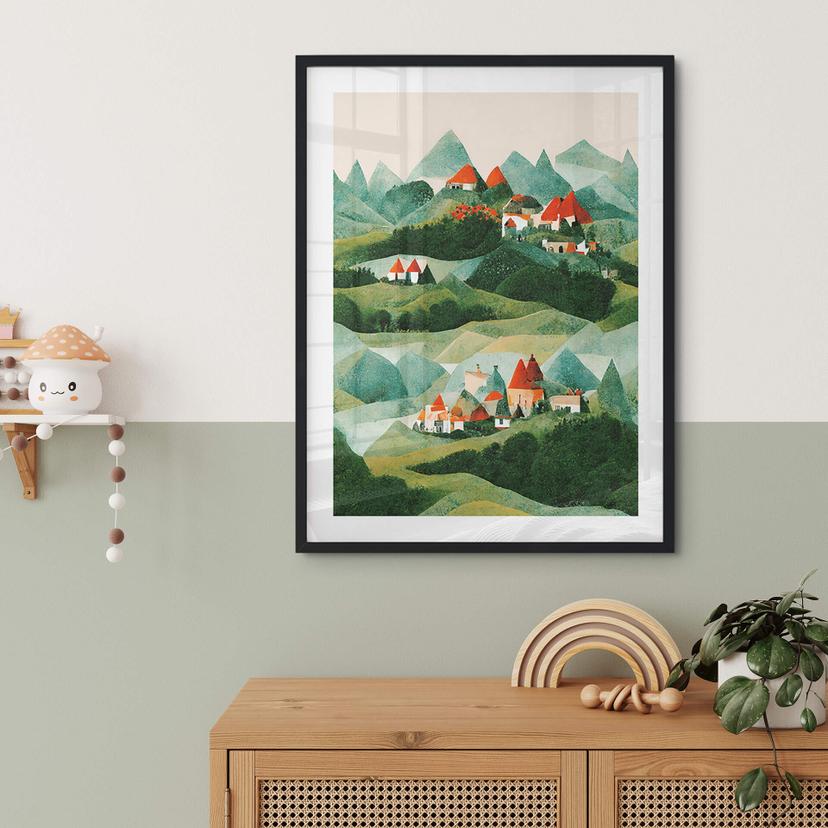 Poster Treechild - Small village in the middle of green hills