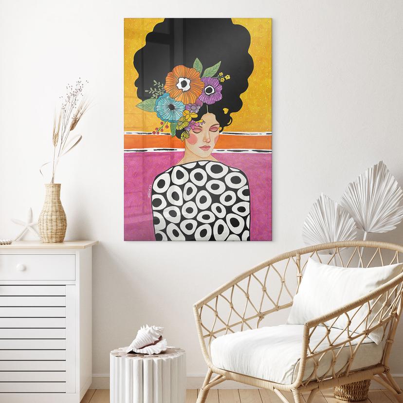 Quadro in vetro acrilico Donna con corona di fiori colorati - Hülya