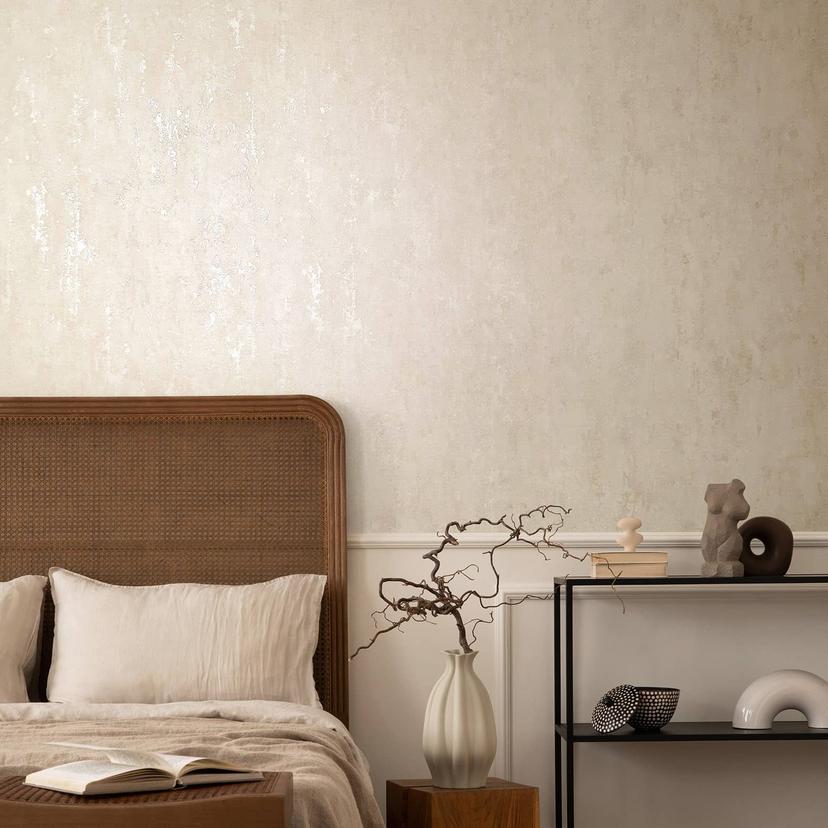 Non-woven tapet med skinnende glans i beige betonlook