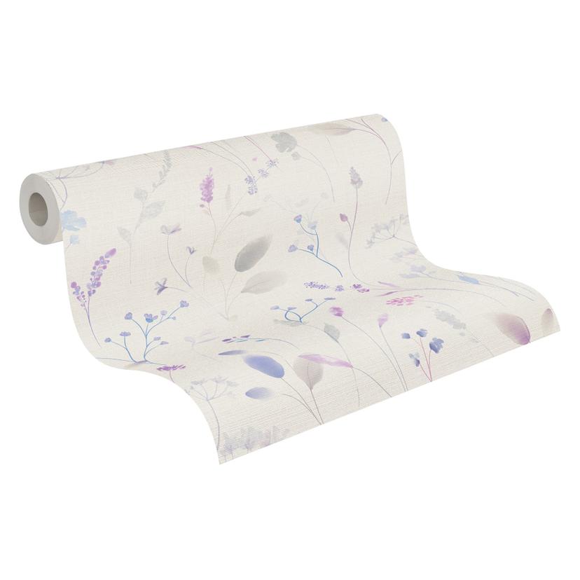 Papel pintado Flor de los prados lila azul blanco - Papel pintado no tejido floral con efecto acuare