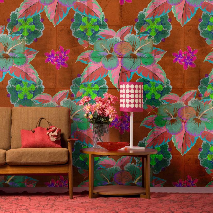 Tropisk blomstertapet - turkis og pink på terracotta - non-woven