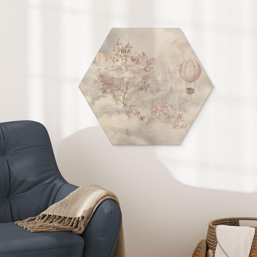 Hexagon-Holzbild Märchenwelt mit Schloss und Einhorn - Ms Tiff