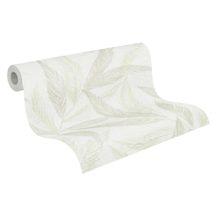 Papel pintado vegetal verde crema - Papel no tejido con motivo de hojas finas mate