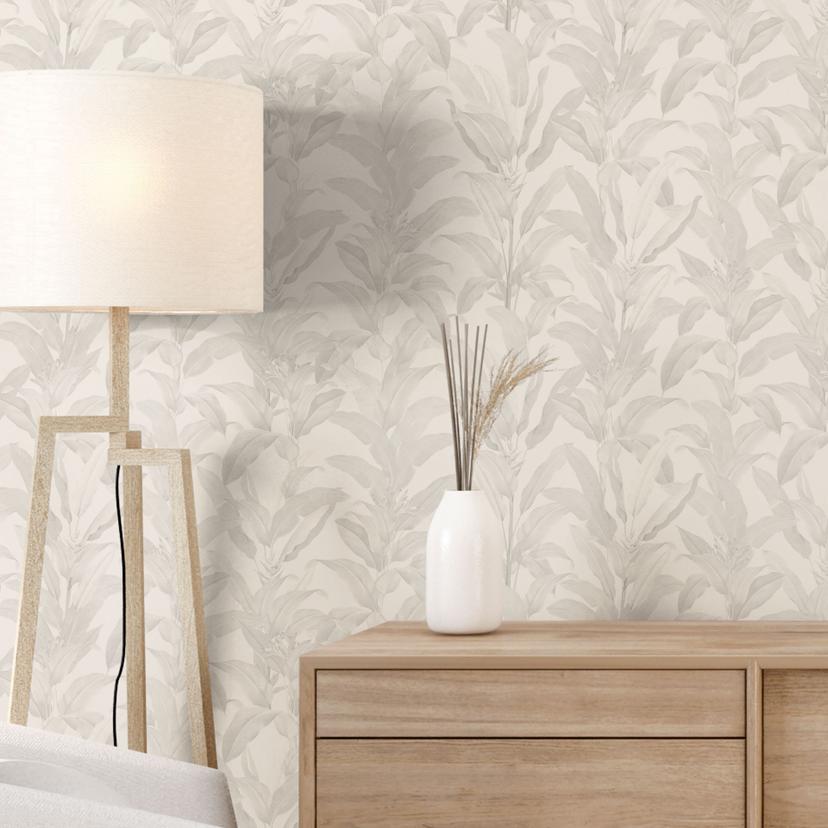 Carta da parati a motivi Urban Jungle foglie tropicali crema - Bloomery Decor