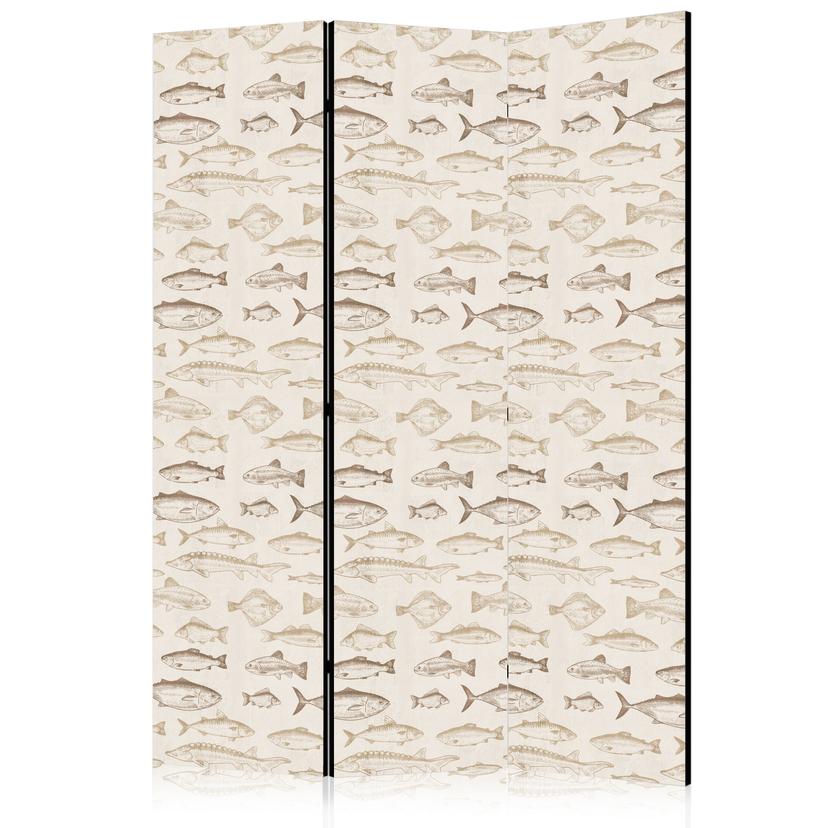 Paravent, Raumteiler freistehend, Trennwand - Fish in Beige Tones Presented in Vintage Style