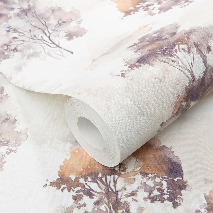 Papel pintado no tejido de acuarela bosque en beige marrón gris con árboles de aspecto otoñal